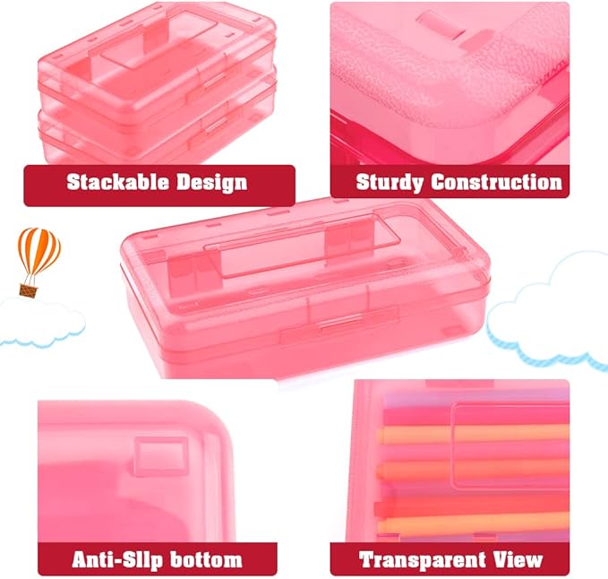 Pencil Box, Large Capacity Clear Pencil Case, 1 Pack Hard Pencil Case, Clear Crayon Box with Snap-tight Lid Stackable Design, Plastic Storage Box for Office Supplies, Pink