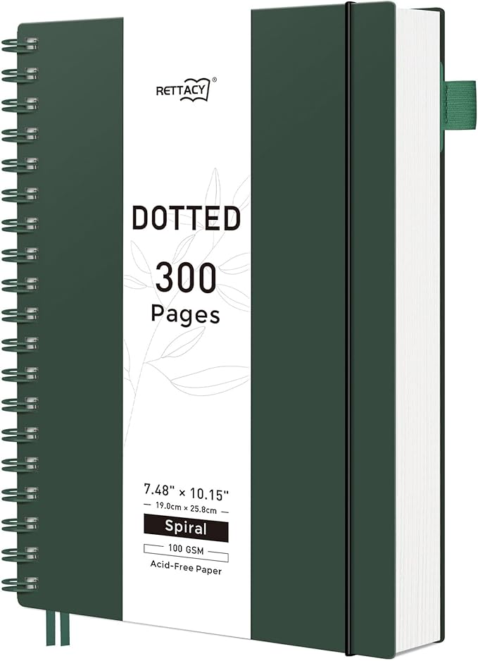 RETTACY Dotted Journal Notebook, 300 Pages, B5 Medium Size (7.4'' × 10''), 100 GSM Thick Paper, Flexible Plastic Cover, Spiral-bound, for Journaling, Planning, Tracking (Deep Green)