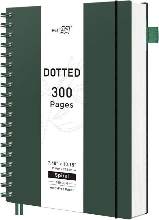 RETTACY Dotted Journal Notebook, 300 Pages, B5 Medium Size (7.4'' × 10''), 100 GSM Thick Paper, Flexible Plastic Cover, Spiral-bound, for Journaling, Planning, Tracking (Deep Green)