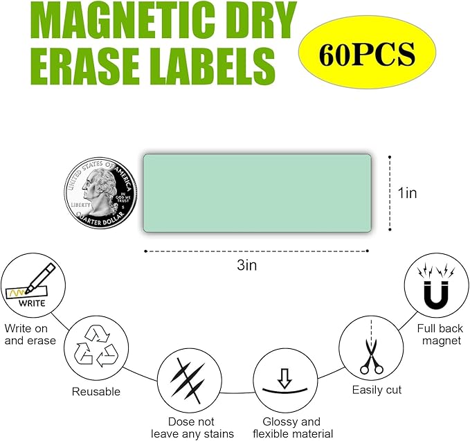 Magnetic Dry Erase Magnets Labels(1x3,Pack of 60),Organizing Schedules in Office/Classroom.Reusable Name Tags on Fridge/White Board,Pastel Colors(Light Green)
