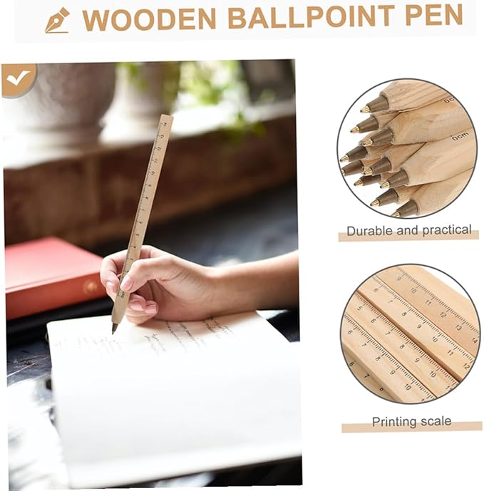 Abaodam Natural Biodegradable Solid Wood Ballpoint Pens with Ruler Printing, Black Carpenter Marker Signature Pen Set 20pcs for Construction and Woodwork