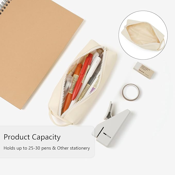 Pencil Case Soft School Pencil Pouch Bag for Easy Carry Stylish and Durable (Cream)