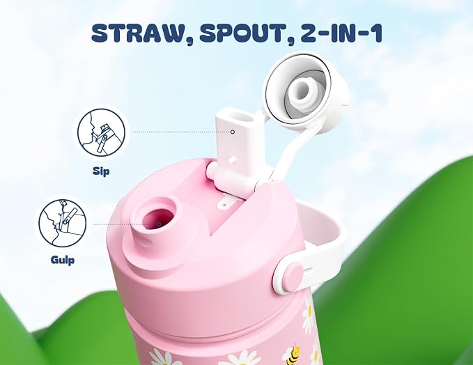 18 oz kids water bottle with straw and handle: Leak Resistant, BPA-Free, Keep Cold 24H, Quick-Flip Straw Lid, Double Wall Stainless Steel Cup for School, Family Trip, Outdoors, Gift (Pollen Party)