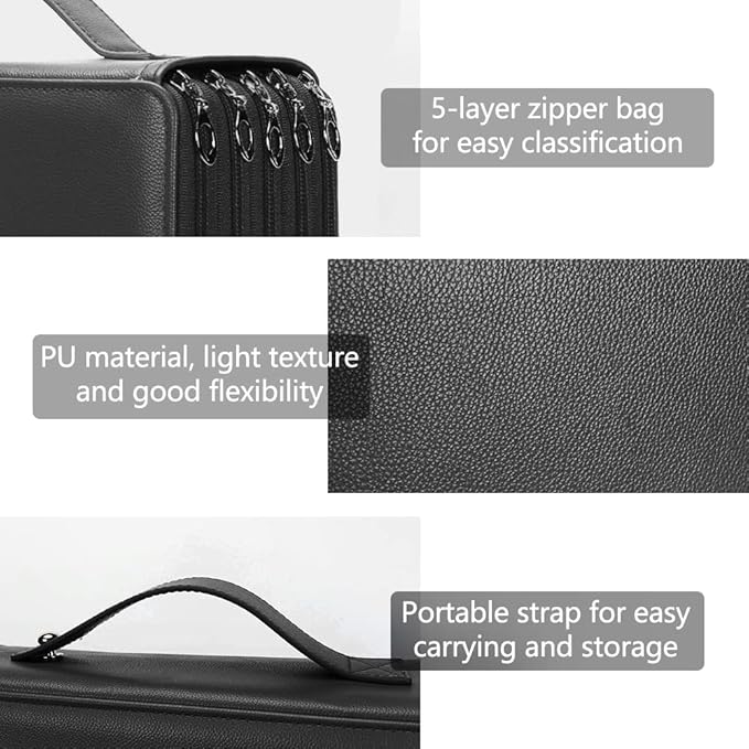 Vomgomfom 252 Slots Pencil Bag, 5-Layer Zipper Art Supply Organizer, PU Leather Portable Colored Pencil Case with Handle for 252 Watercolor Pens, Gel Pens (Black)