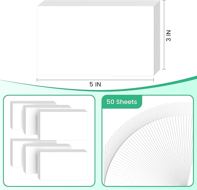 300 Count White Blank Index Cards, 3x5 Inch Study Flash Cards - 6 Pads, 50 Cards per Pad, Thick Ruled Flashcards for Notes, School, Office, Heavyweight Unlined Note Cards