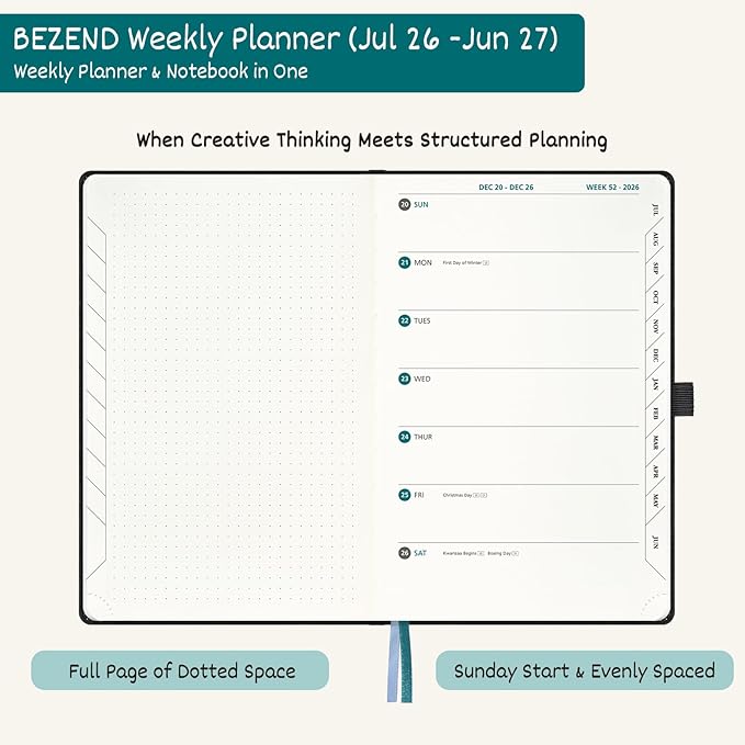 BEZEND Weekly Planner 2026 2027 Dot‑Grid Journal in One (5.5" x 8.5") 12 Month Academic Calendar with Tabs (Jul.26-Jun.27) for Student/School, 100gsm Thick Paper, PU Leather Hardcover - Brown