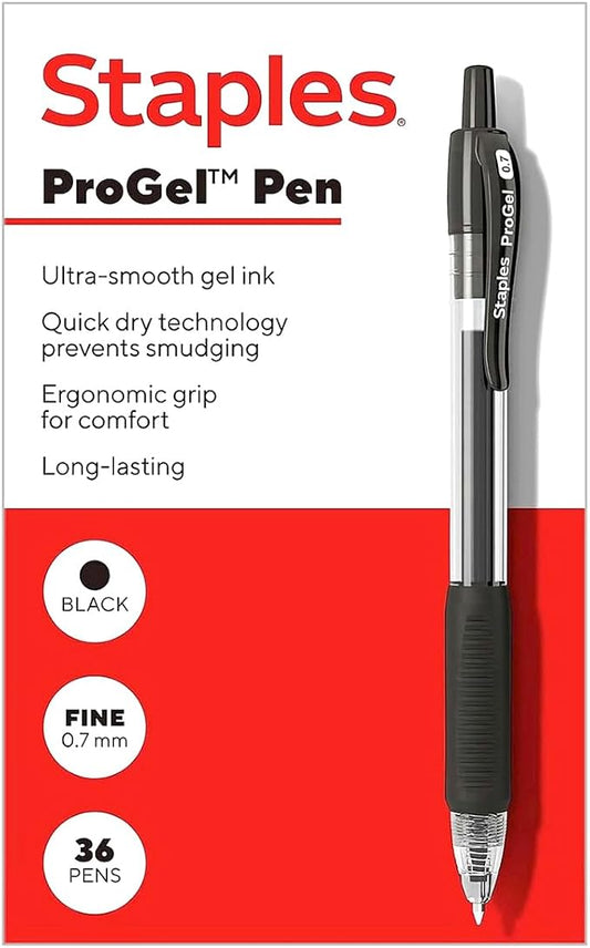 Staples ProGel Retractable Gel Pens, Fine 0.7mm, Black Ink, 36-Pk | Smooth-writing, quick-dry ink for everyday office and classroom stocking.