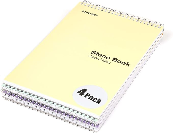 Mintra Office Steno Books Set - Top-Spiral Bound, Graph Ruled, 70 White Sheets, Poly Pastel Color Covered Notebooks for Office, Professional, School & Work, Note-taking, Writing Pads, 6"x9", 4 Pack