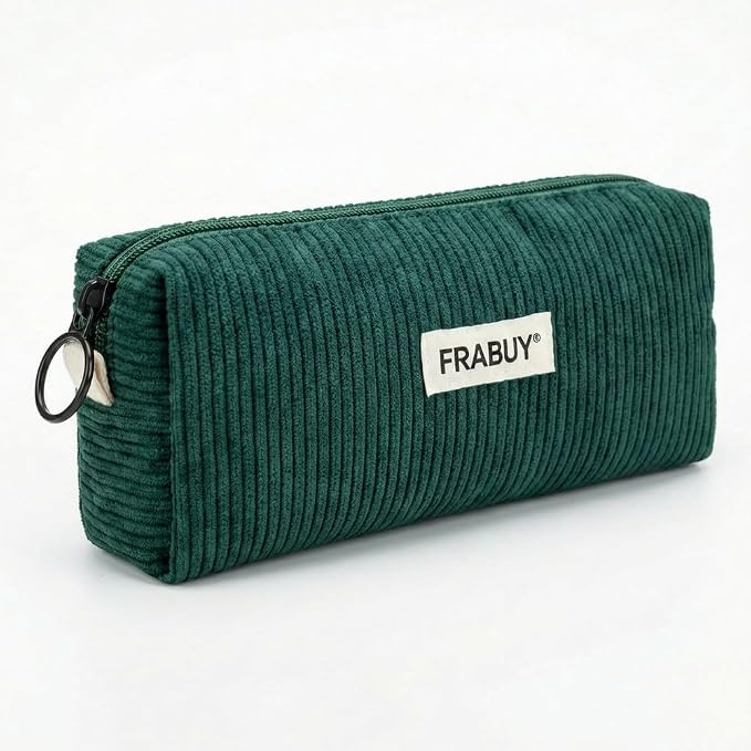 Soft Corduroy Pencil Case Pen Pouch Organizer, Small Stationery Bag | Cute dark green pencil pouch, smooth zipper, daily cosmetics holder, compact organizer for school teen girls, women