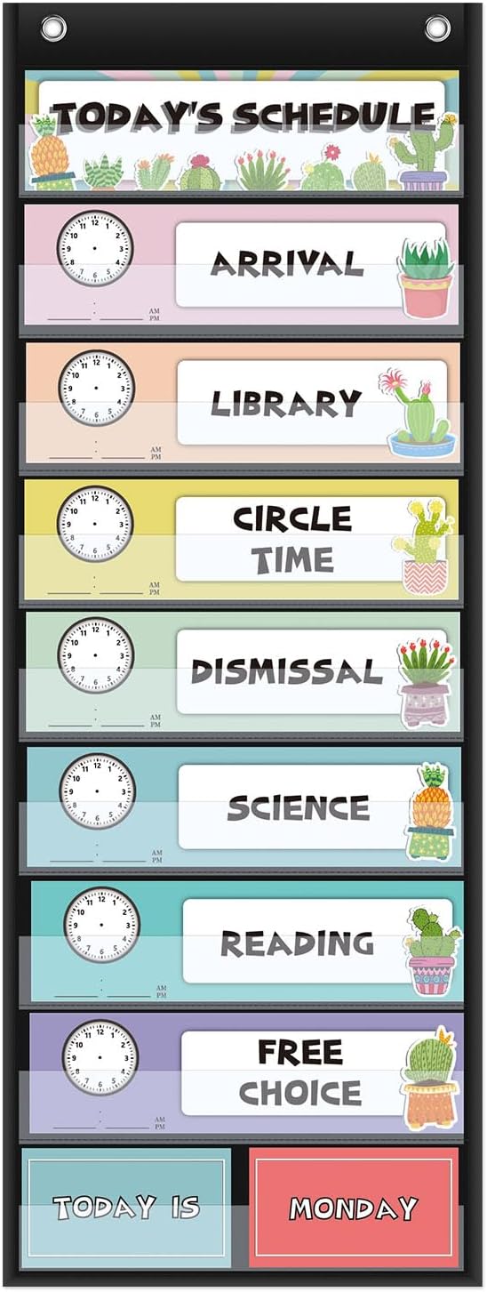 Mewise Large Personalized Daily Schedule Pocket Chart for Kids - Oversized Cards Classroom & Homeschool Calendar Organizer, Teacher Supplies, Back to School (Black)