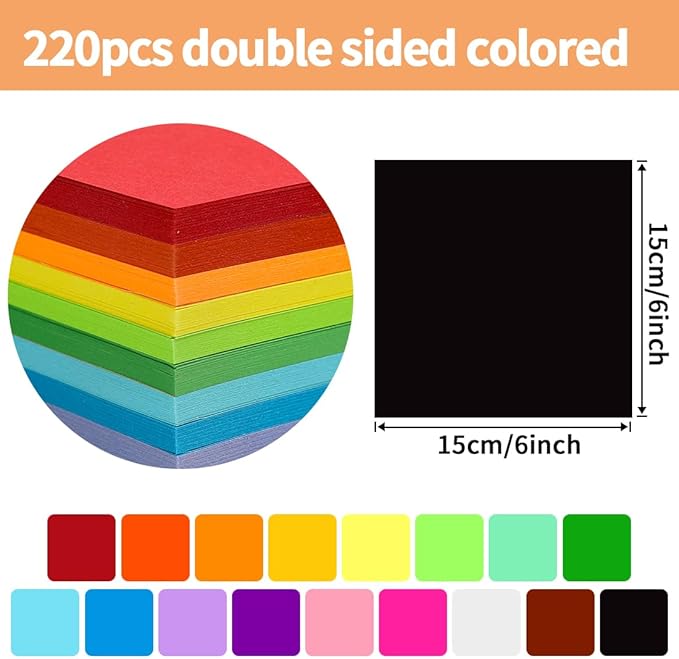 Praisebank Black Origami Paper, 220pcs 6x6 inch, Double Sided Color, Origami Paper Kit for Crafts, Origami Kit.