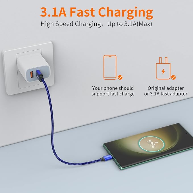 JXMOX Short USB C Cable (0.5ft 3-Pack), USB A to Type-C Charger Cord 3.1A Fast Charging Compatible with iPhone 15 16 Pro Max, Samsung Galaxy S20 S10 S9, Note 10 9, A80 A70 A50 A40, Power Bank (Blue)