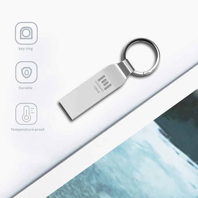 MOSDART Waterproof 128GB USB2.0 Flash Drive, exFAT Metal Memory Stick with Keychain, for System Back, Data Storage, Silver