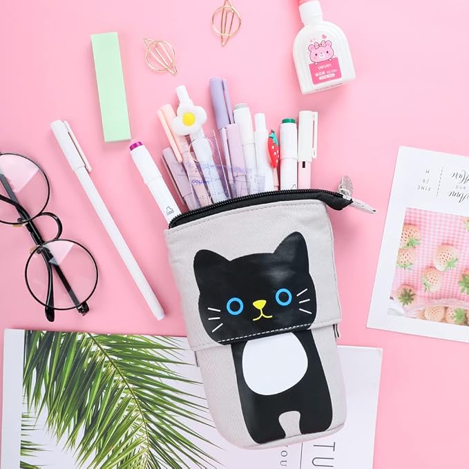 iSuperb Standing Pencil Pouch Pencil Case Cute Cat Telescopic with Zipper Canvas Kwaii Cartoon Pencil Bag Stationery Box for Kids Girls Boys School Supplies 7.5 x 4.9 x 3.0inch/4.1x 3.0inch