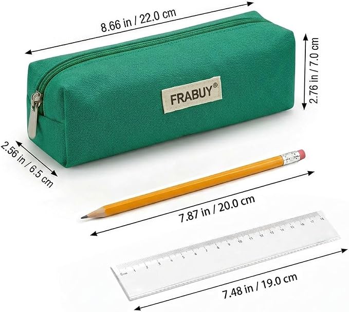 Cotton Canvas Pencil Case & Pen Pouch - Small Stationery Bag Green | Thick canvas pouch organizer with smooth alloy zipper. Cute cosmetics make up holder for school girls and boys.