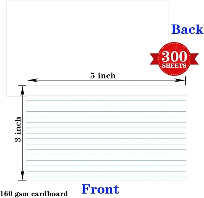 300 Pcs Pinovk Index Cards 3x5 Ruled - White Lined Flash Cards for Studying, Office & School Supplies