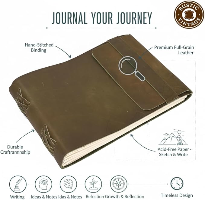 Leather Journal Daily Travel Diary, Handmade Vintage Bound Rustic Notebook, Genuine Buffalo Leather-Premium Quality Lined/Unlined, Brown/Cream,Deckled Edged Paper/Antique key, Art Sketchbook, Brown (7x10 Inches - Cream Unlined Green)