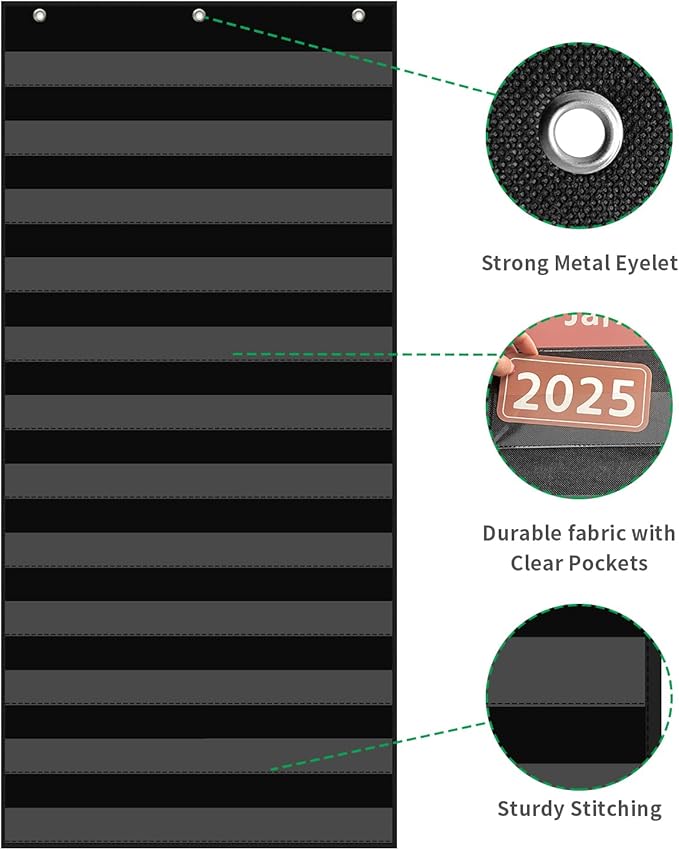 ANCOMEDO 20”W x 48.25”H Classroom Words Pocket Chart with 12 Clear Pockets, Black Standard Pocket Chart for Classroom and Home for Sentence Strips, Reusable Clear Pocket Hanging Words Chart (Black)