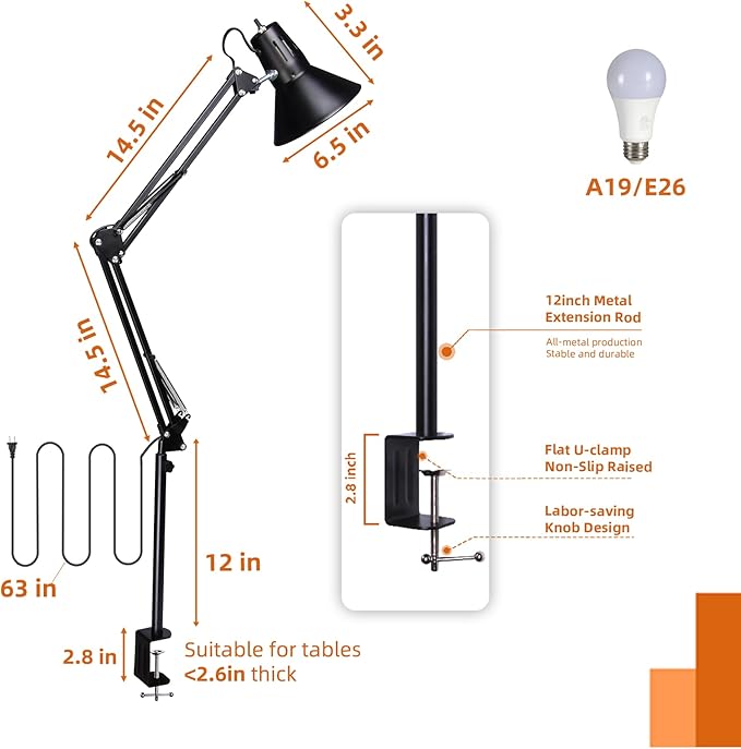 2 Pack LED Desk Lamp Dimmable with Clamp, Eye-Caring Clip on Lights for Home Office, 3 Adjustable Color Temperature, Extra Tall Metal Swing Arm, High Intensity Clamp w/A19 E26 Bulb for Working Reading