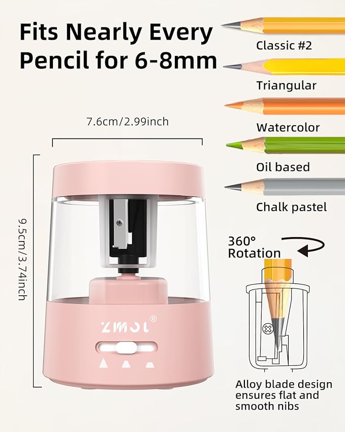 ZMOL Electric Pencil Sharpener,Portable Small Battery Powered Pencil Sharpeners for Kids,Electric Pencil Sharpener Battery Operated,Suitable for No.2/Colored Pencils(6-8mm) Pink