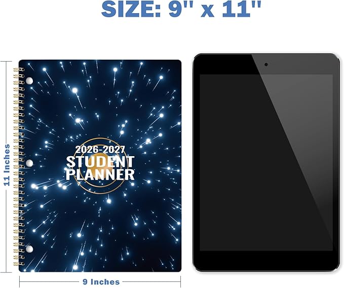 Student Planner 2026-2027 - August 2026 - June 2027, Weekly & Monthly planner for Students 11"x 8.3", Flexible Cover, Strong Golden Binding, Printed Tabs, with Stickers