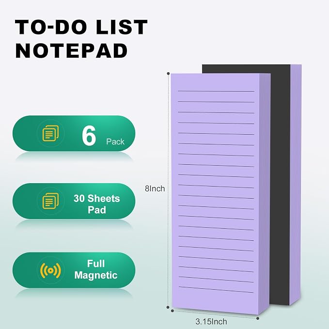Magnetic Notepads Note Pads for Fridge with Full Magnet Back, 180 Sheets Purple Lined Refrigerator Notepad, 30 Sheets Per Pad for Grocery List, Shopping List, Office, Home, To-Do Lists & Memos