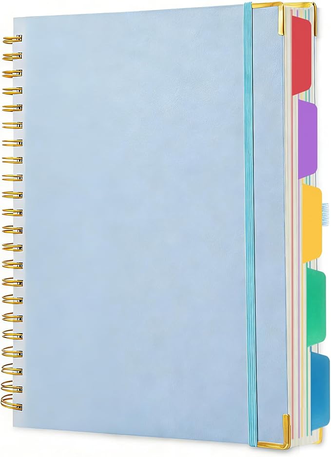VANRTTO Hardcover Spiral Notebook With Removable Divider Tabs, B5 Notebooks College Ruled, 110 GSM Thick Lined Paper 5 Subject Notebooks for Work, School, 300 Pages Journals for Writing Blue B5DT