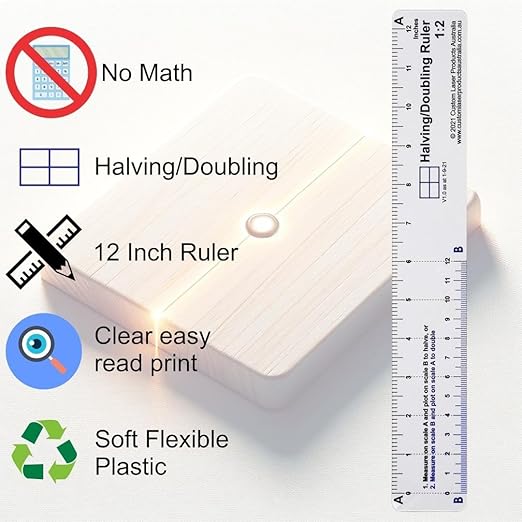 12" No-Math Halving and Doubling Ruler — Flexible Clear PETG | Center Finding Without Arithmetic | Drawing, Drafting and Woodworking | Made in Australia