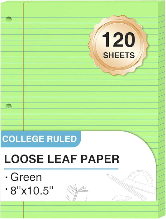 Green Loose Leaf Paper 8 x 10.5, 120 Sheets Lined Paper College Ruled Paper, 3 Hole Punched Notebook Paper College Ruled, 3 Ring Binder Paper 8 x 10.5, Filler Paper College Ruled for Office, School
