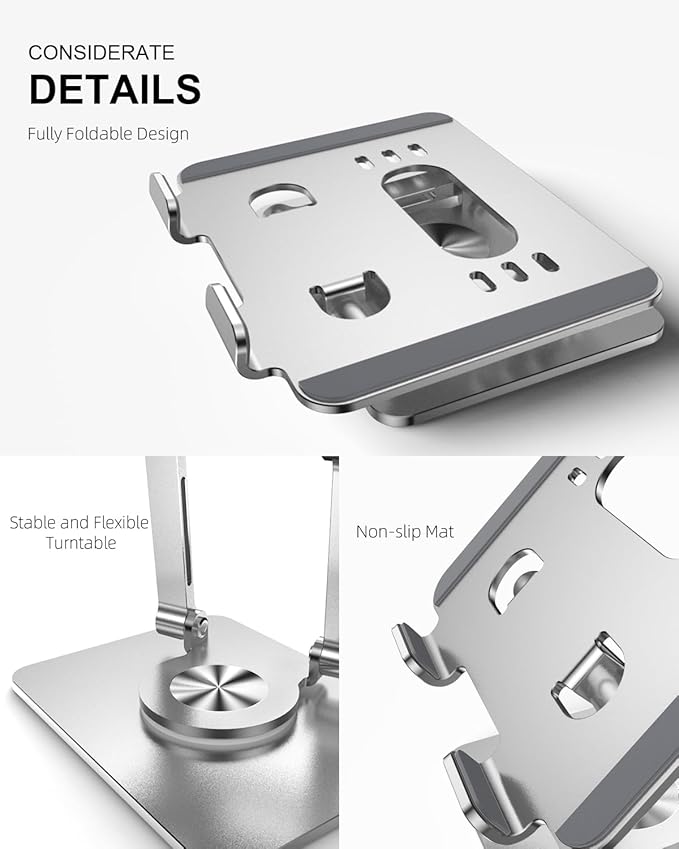Orlian Tablet Stand Holder with Thickened 360°Rotating Base Dual Rod Adjustable Aluminum Stand for All 5.8-12.9” iPad Samsung Phone Tablet Kindle E-Reader and More, Silver
