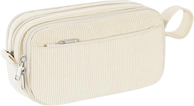 TESAFNG Corduroy Pencil Case, Large Capacity Pencil Pouch with 4 Compartments, Cute Soft Aesthetic Stationery Pen Bag Organizer with Zipper, Portable School Supplies for Teen and Adult Girls, Beige