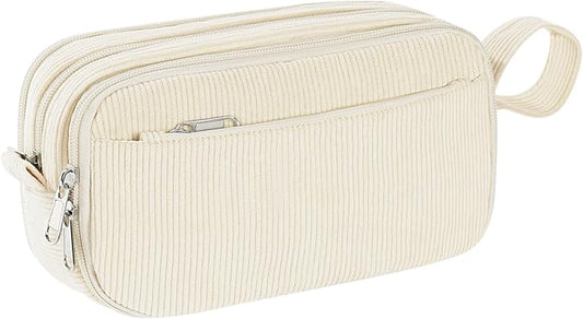 TESAFNG Corduroy Pencil Case, Large Capacity Pencil Pouch with 4 Compartments, Cute Soft Aesthetic Stationery Pen Bag Organizer with Zipper, Portable School Supplies for Teen and Adult Girls, Beige