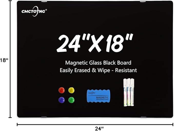 24 x 18 Magnetic Glass Blackboard, Frameless Glass Dry Erase Board for Wall, Home, Office, Classroom
