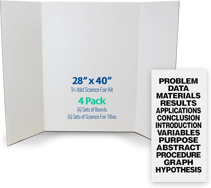 Flipside Products Science Fair Project Board Kit – 28" x 40" White Trifold Boards with Black Title Letters – Classroom & School Project Display – 4 Pack