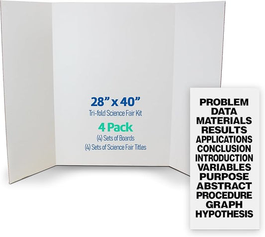 Flipside Products Science Fair Project Board Kit – 28" x 40" White Trifold Boards with Black Title Letters – Classroom & School Project Display – 4 Pack