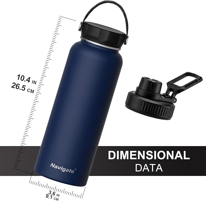 Navigate 40 oz Insulated Stainless Steel Sports Water Bottle with Spout & Handle Lids,Wide Mouth Water Jug with Double Walled Leak Proof Keep Cold for 24 Hrs Hot for 12 Hrs,Dark Blue