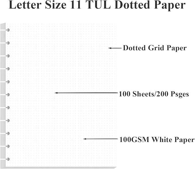 (3-Pack) A4 TUL Discbound Dotted Refills, 11-Disc Dot Grid Filler Paper, 300Sheets / 600Pages Loose-Leaf Paper, 100gsm White Paper, 8.5'' x 11''