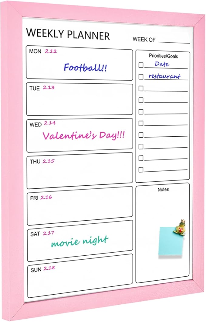 Dry Erase White Board Weekly Calendar Board, Magnetic Whiteboard for Wall,17.7“x23.6 Solid Wood Pink Framed Message Board, Planner Board for Office, Home, School（Weekly-BB-PK-4560）