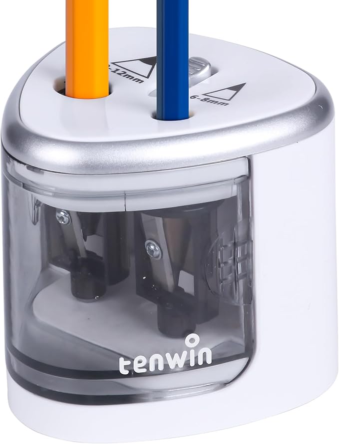 tenwin Electric Pencil Sharpener for Colored Pencils, Battery Operated Pencil Sharpeners for No.2 and 6-12mm Pencils, Dual Hole for Office School Artists Adults Kids Use（Silver）