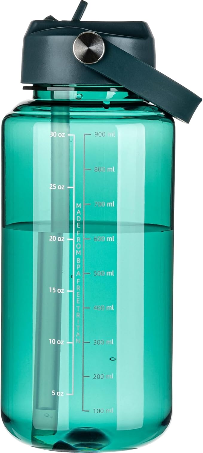 OLDLEY 32 oz Clear Water Bottle with Straw,Tritan BPA-Free, Wide Mouth, Leak Proof - for Gym, Travel, Home, School, Office (Lagoon)