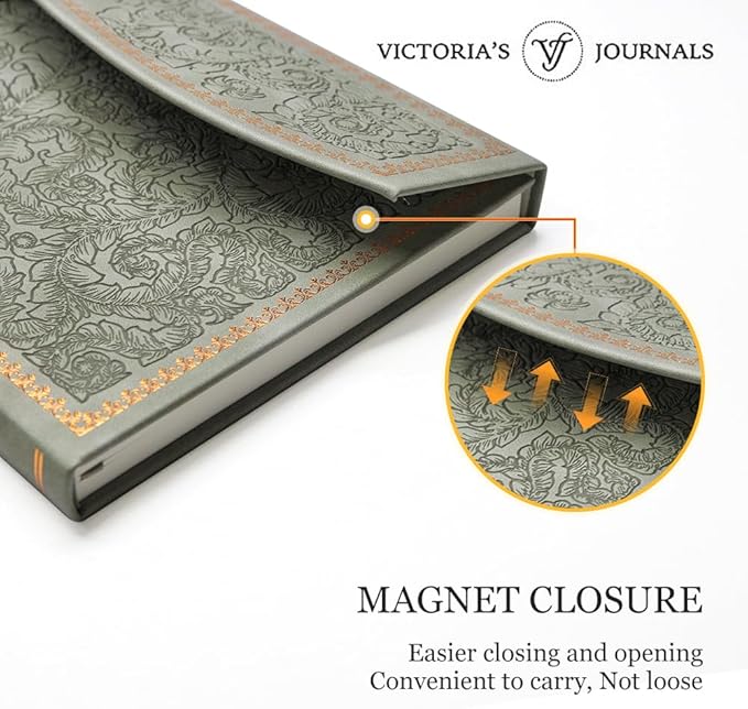 VICTORIA'S JOURNALS Magnet Journal, Carving Vintage Notebook Faux Leather Hard Cover Personal Diary Lined Pages Ribbon Bookmark, 8'' x 5.7''