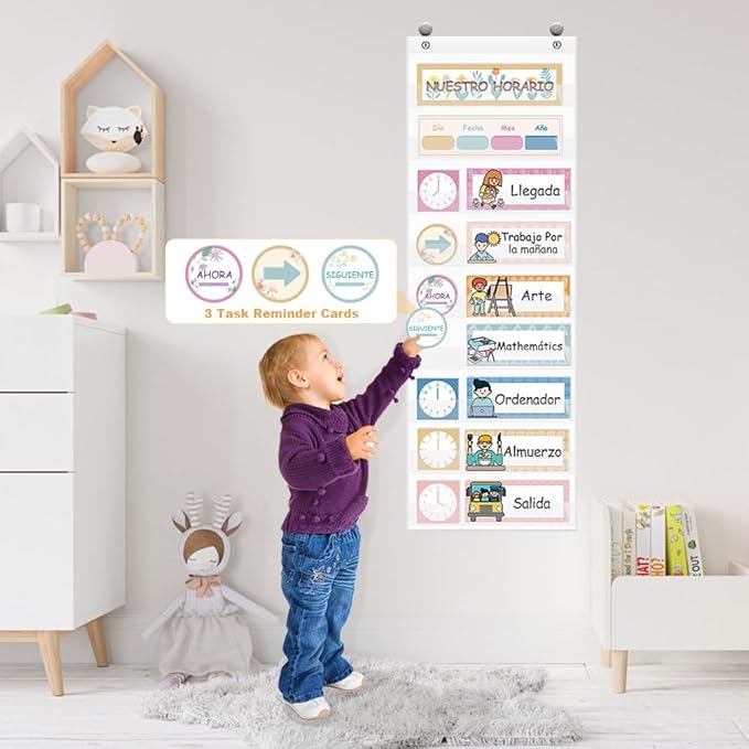 Daily Schedule Pocket Chart, Visual Schedule with 42 Reusable Dry-Eraser Cards, Visual Schedule for Kids, Classroom Schedule, Suitable for Classroom, Office, Home, Pre-School Education, Spanish