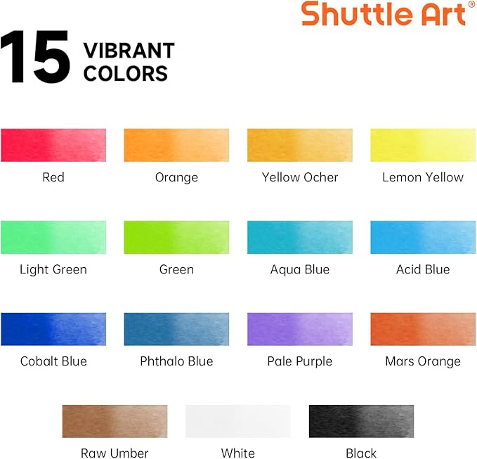 Shuttle Art Watercolor Paint Set, 15 Colors Watercolor Paint in Tubes (12ml Each) with 3 Brushes, Rich Pigments, Easy to Blend, Perfect for Kids, Artists, Beginners, Students (Pack of 2)