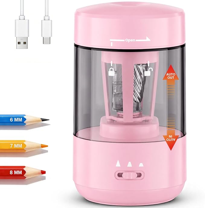 Electric Pencil Sharpener for Classroom, Fully Automatic, Light Pink