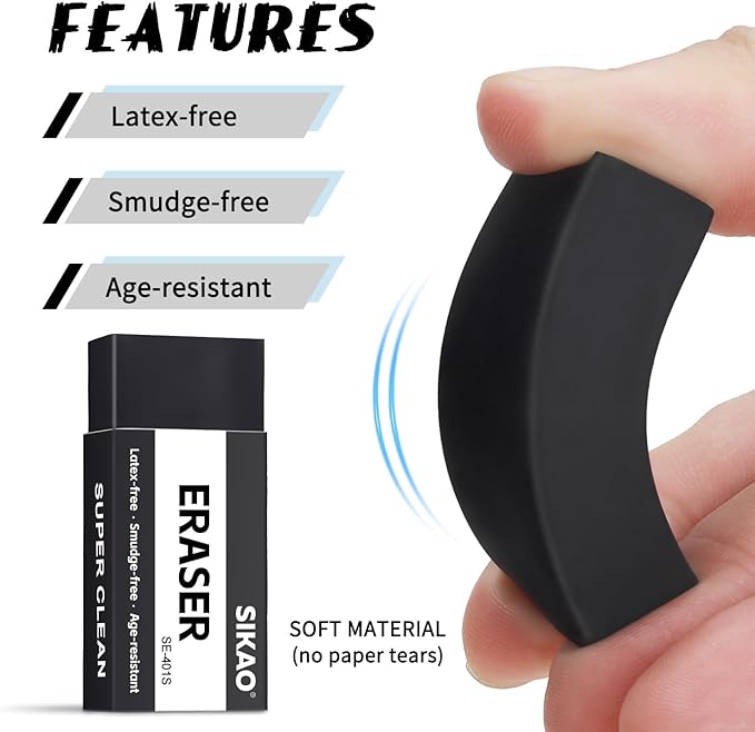 Black Erasers, 12 Pack Block Pencil Erasers – Smudge-Free Latex-Free Art Erasers for Kids & Adults Artists, Clean Erase for School, Homework, Office & Drawing
