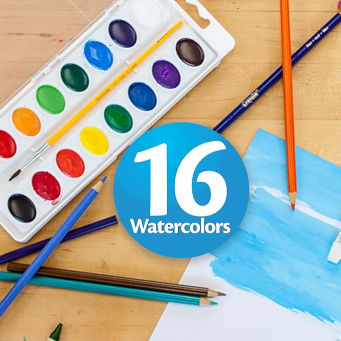 Crayola Watercolor Paint Set (16 Count), School Supplies Essentials, Washable Paint for Kids, 1 Paint Brush, Arts & Crafts, Assorted Colors, Ages 4+