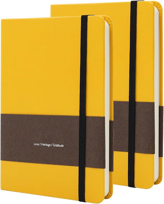 A6 Leather Hardcover Notebook - 2Pack 192 Pages Thick 100GSM Paper, Dotted/Grid/Blank, with Elastic Band & Inner Pocket for Writing, Sketching, Journaling (Yellow)