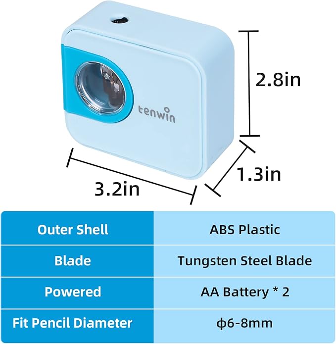 tenwin Portable Electric Pencil Sharpener, Pencil Sharpeners Battery Operated, Tungsten Steel Blade to Fast Sharpen, Kids Pocket Sharpener, Fit to 6-8mm No.2/Colored Pencils, School/Office/Home (Blue)