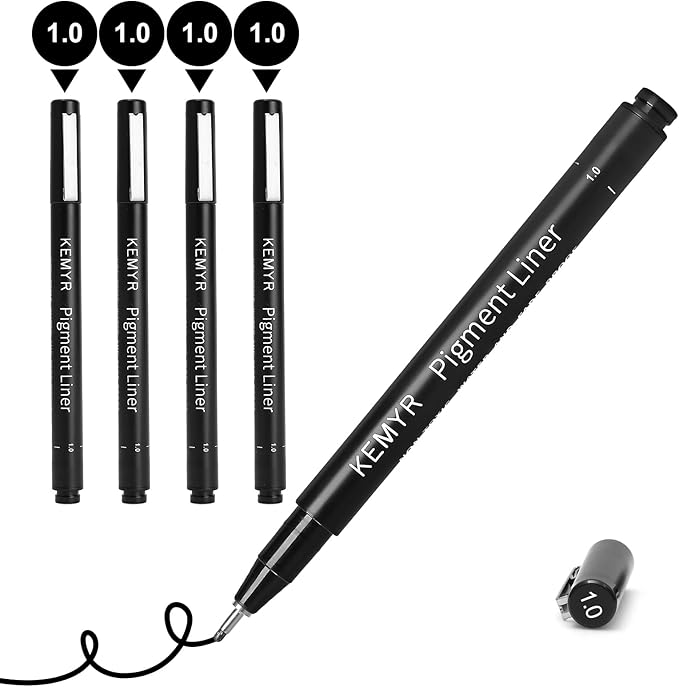 KEMYR 4 Micro Fine liner Drawing Art Pens Calligraphy Pens: 1.0mm Size Black Art supplies Waterproof Archival Black Ink Markers For Artists,Use for Professional Watercolor,Sketching