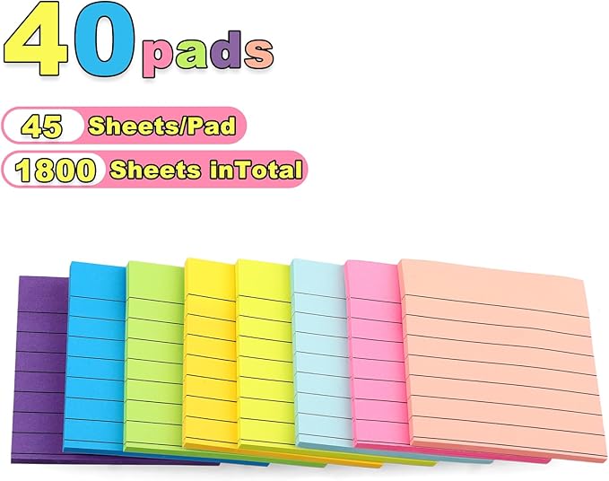 40 Pack Lined Sticky Notes 3x3 Inch, Ruled Stickies Super Sticking Power Memo Pads, 8 Bright Colorful Post It Notes for Office, Home, School, Meeting